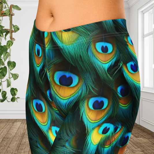 Peacock Feather Capri Leggings | Boho Tropical Yoga Pants | Colorful Coastal Athleisure