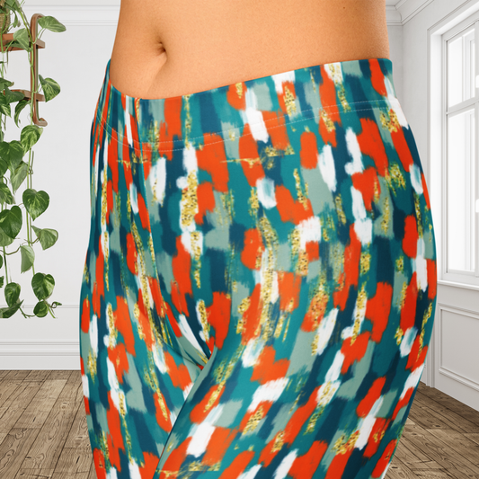 Miami Inspired Abstract Capri Leggings | Coastal Aqua Orange Athletic Capris