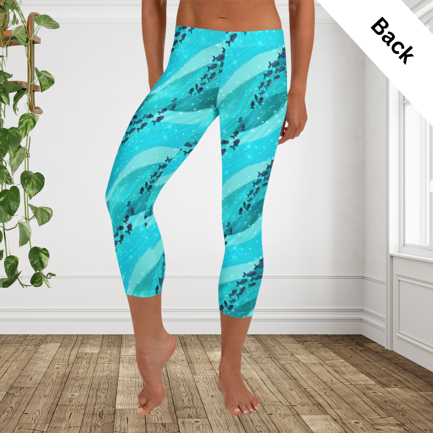 Ocean Fish Print Capri Leggings | Coastal Beach Workout Activewear