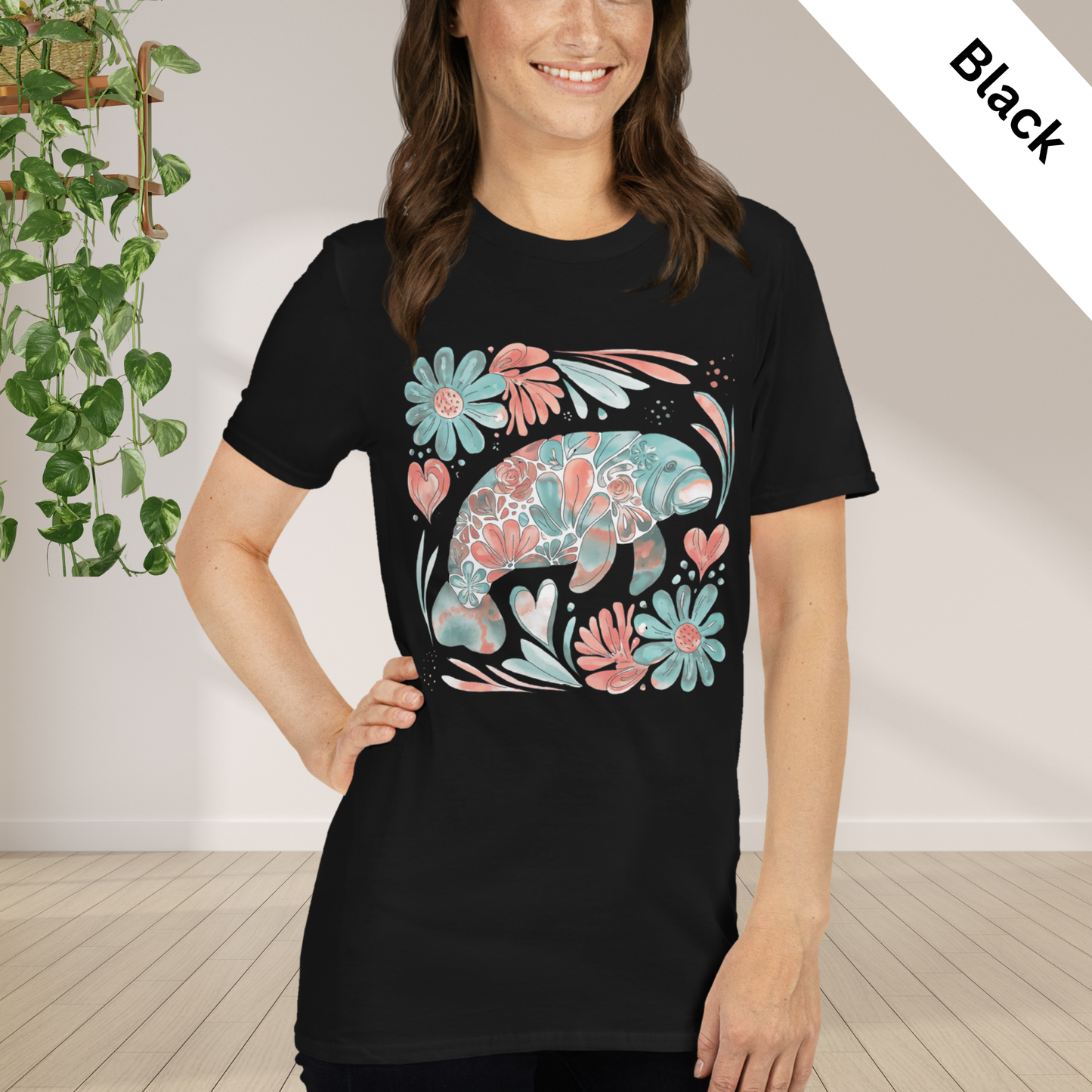 Floral Manatee Shirt | Coastal Wildlife Tee | Cute Sea Cow Graphic T Shirt | Ocean Lover Gift