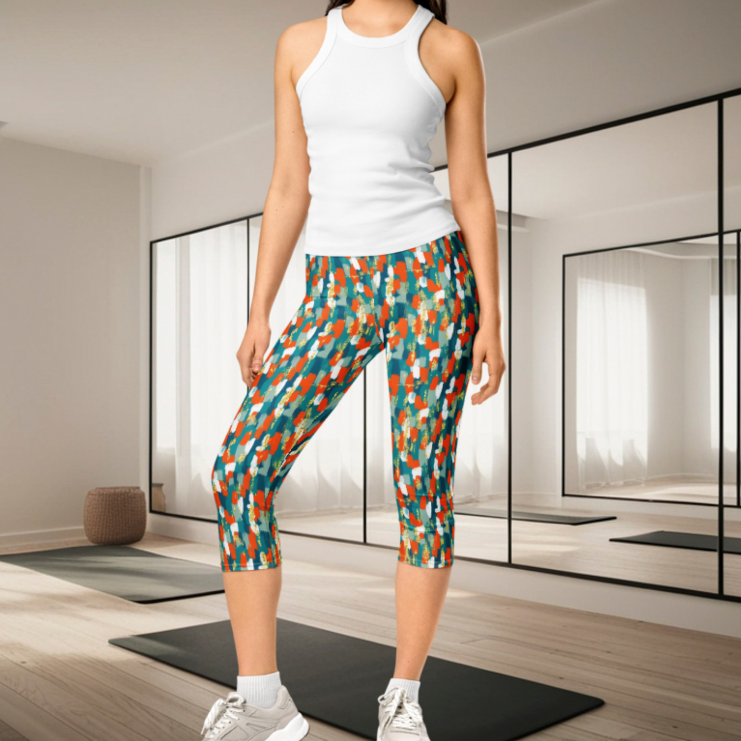 Miami Inspired Abstract Capri Leggings | Coastal Aqua Orange Athletic Capris