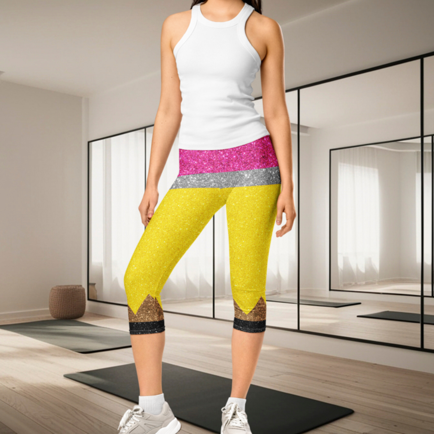Teacher Pencil Capri Leggings for Women | Glitter Pencil Leggings | Back to School Capri Pants | Teacher Appreciation Gift | Classroom Fashion