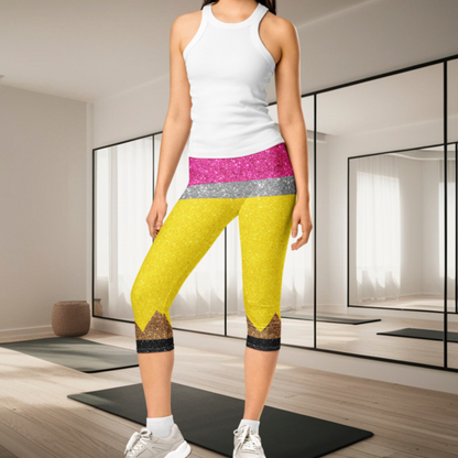 Teacher Pencil Capri Leggings for Women | Glitter Pencil Leggings | Back to School Capri Pants | Teacher Appreciation Gift | Classroom Fashion