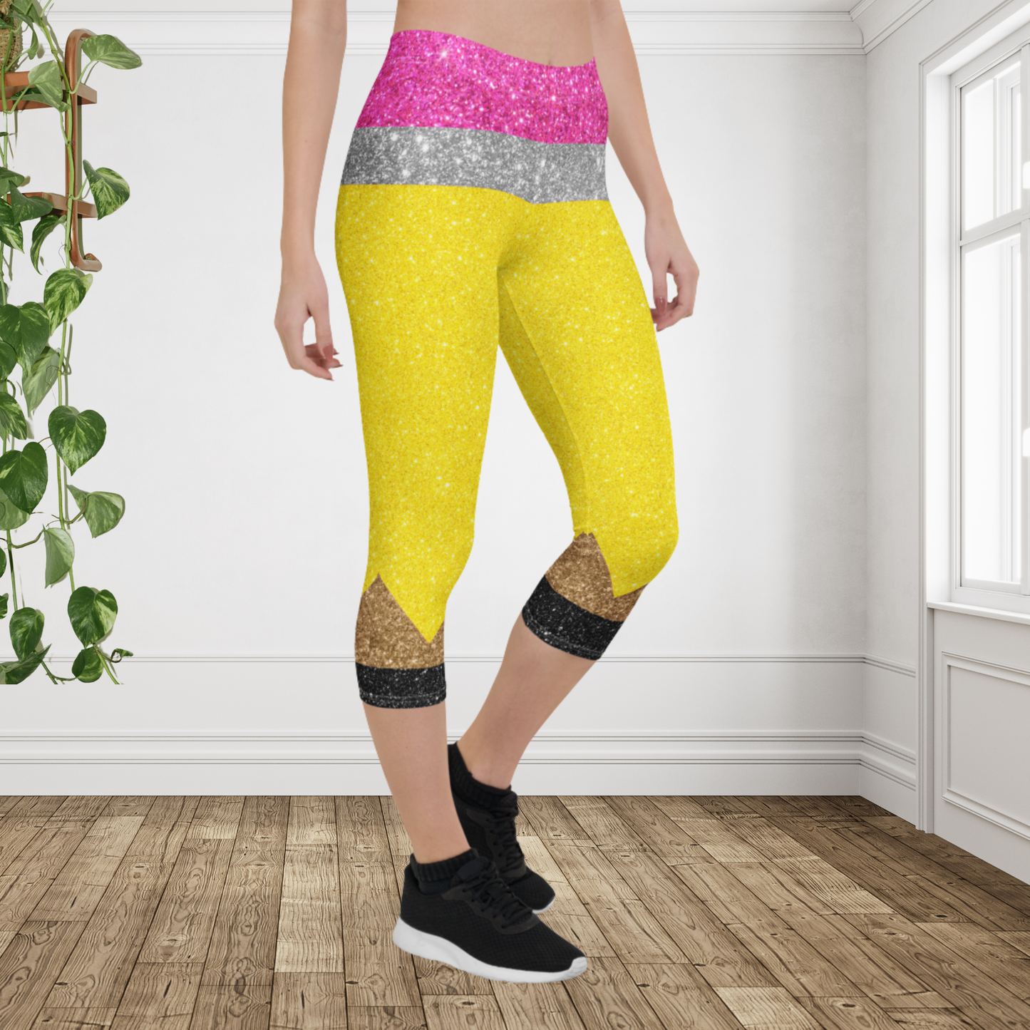 Teacher Pencil Capri Leggings for Women | Glitter Pencil Leggings | Back to School Capri Pants | Teacher Appreciation Gift | Classroom Fashion