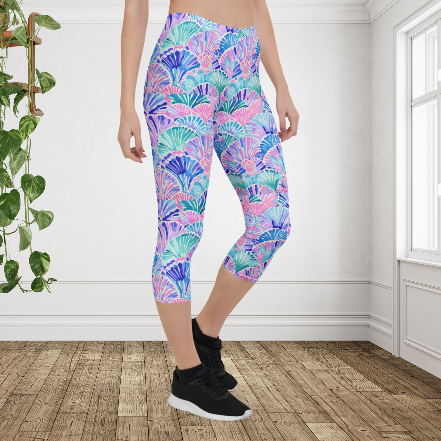 Pastel Seashell Capri Leggings for Women | Coastal Beach Print Cropped Activewear