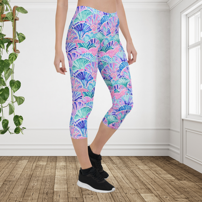 Pastel Seashell Capri Leggings for Women | Coastal Beach Print Cropped Activewear