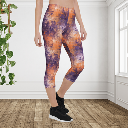 Halloween Capri Leggings for Women | Purple & Orange Watercolor Grunge Leggings | Spooky Fall Fitness Capri Pants