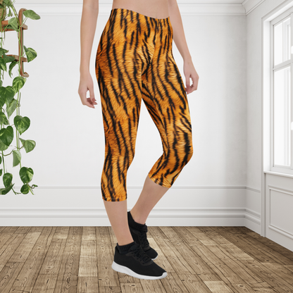 Tiger Print Capri Leggings | Bold Animal Print Yoga Capris | Orange Black Athletic Leggings