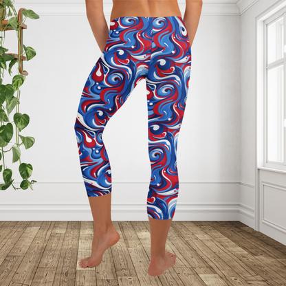 Patriotic Swirl Capri Leggings | Red White Blue USA Workout Pants