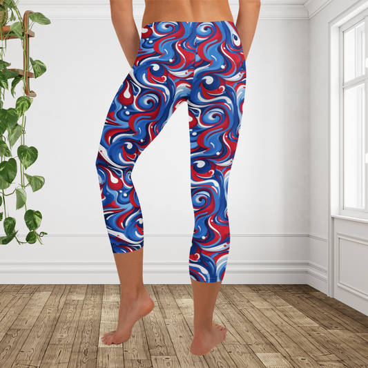 Patriotic Swirl Capri Leggings | Red White Blue USA Workout Pants