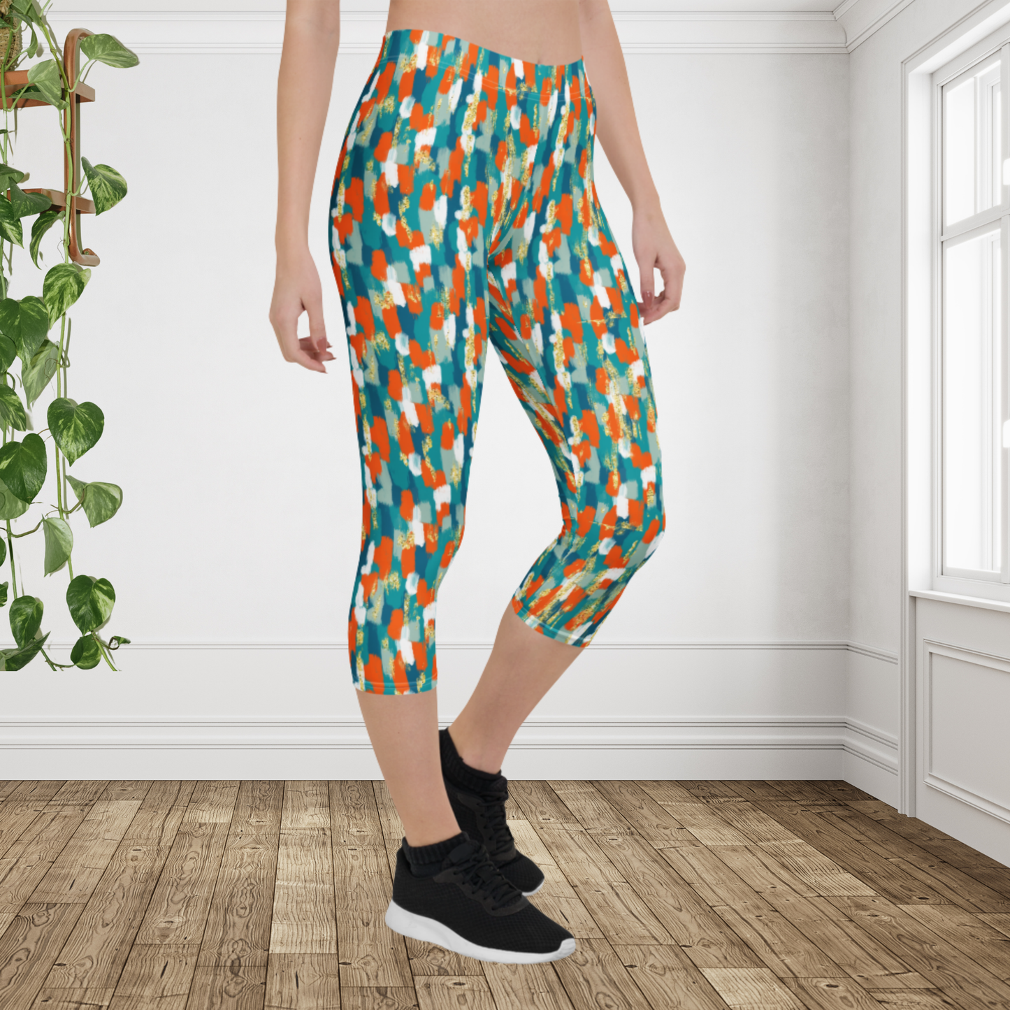 Miami Inspired Abstract Capri Leggings | Coastal Aqua Orange Athletic Capris