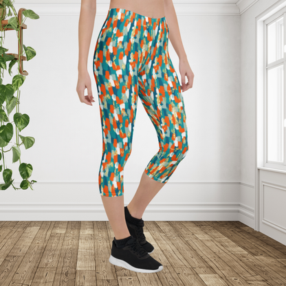 Miami Inspired Abstract Capri Leggings | Coastal Aqua Orange Athletic Capris