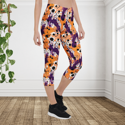 Halloween Capri Leggings for Women | Purple Orange Black Paint Splatter Leggings | Spooky Fall Workout Capri Pants