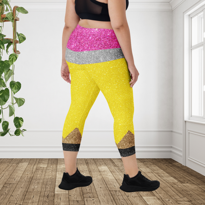 Teacher Pencil Capri Leggings for Women | Glitter Pencil Leggings | Back to School Capri Pants | Teacher Appreciation Gift | Classroom Fashion