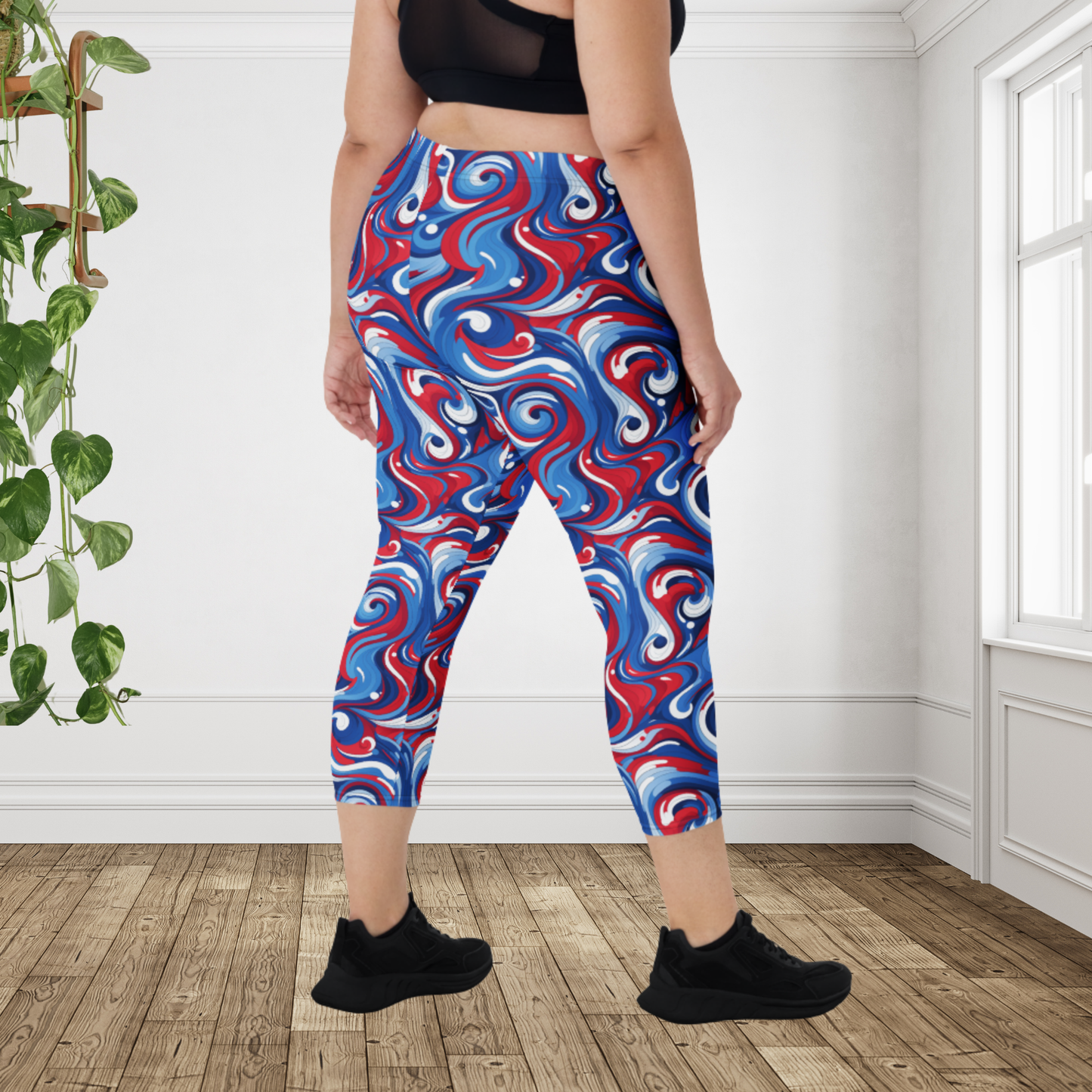 Patriotic Swirl Capri Leggings | Red White Blue USA Workout Pants