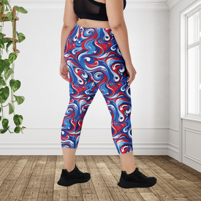 Patriotic Swirl Capri Leggings | Red White Blue USA Workout Pants