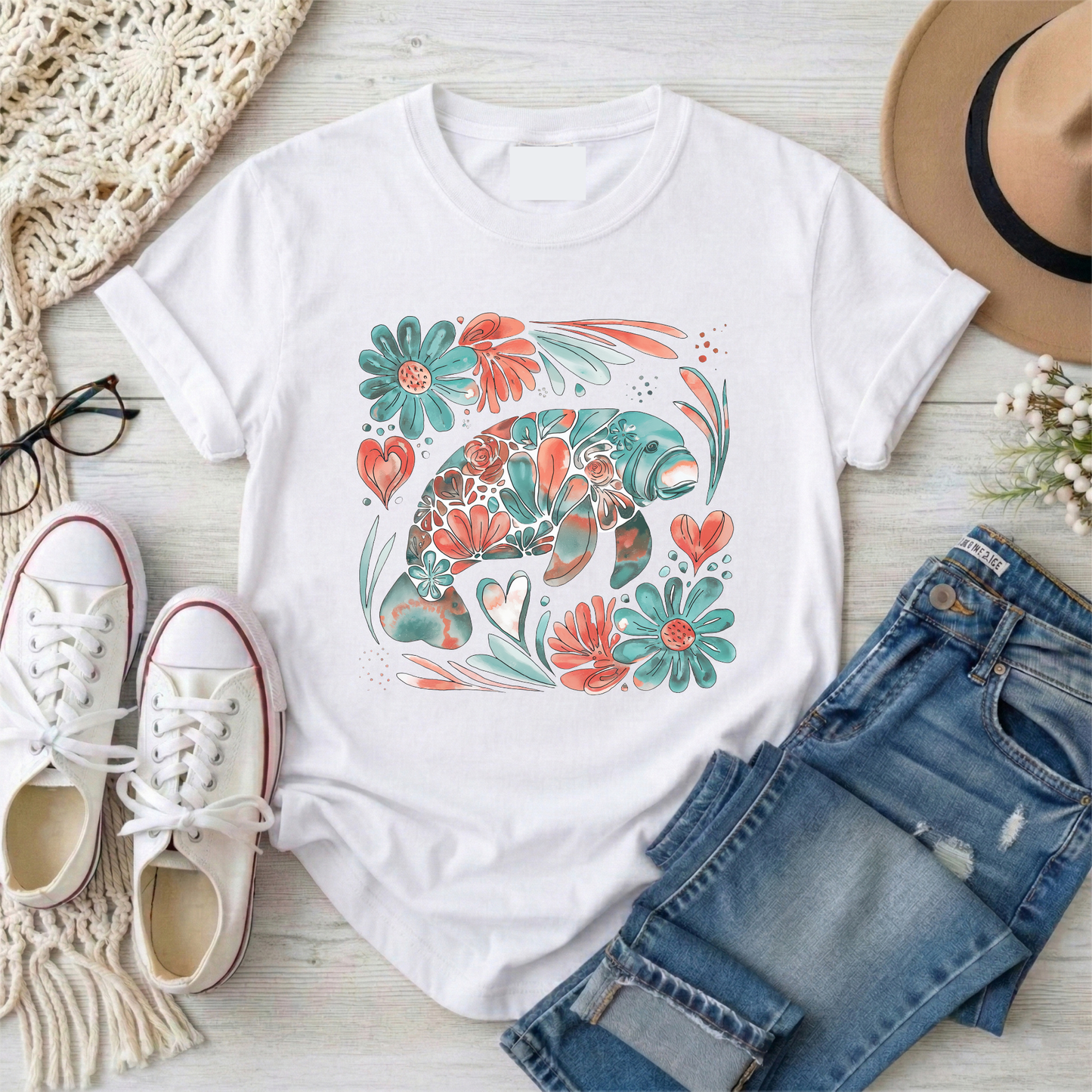 Floral Manatee Shirt | Coastal Wildlife Tee | Cute Sea Cow Graphic T Shirt | Ocean Lover Gift