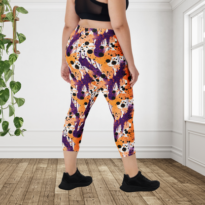 Halloween Capri Leggings for Women | Purple Orange Black Paint Splatter Leggings | Spooky Fall Workout Capri Pants