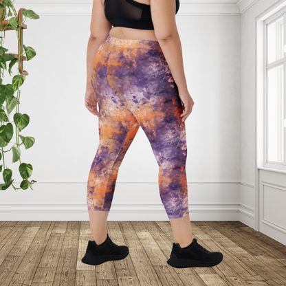 Halloween Capri Leggings for Women | Purple & Orange Watercolor Grunge Leggings | Spooky Fall Fitness Capri Pants
