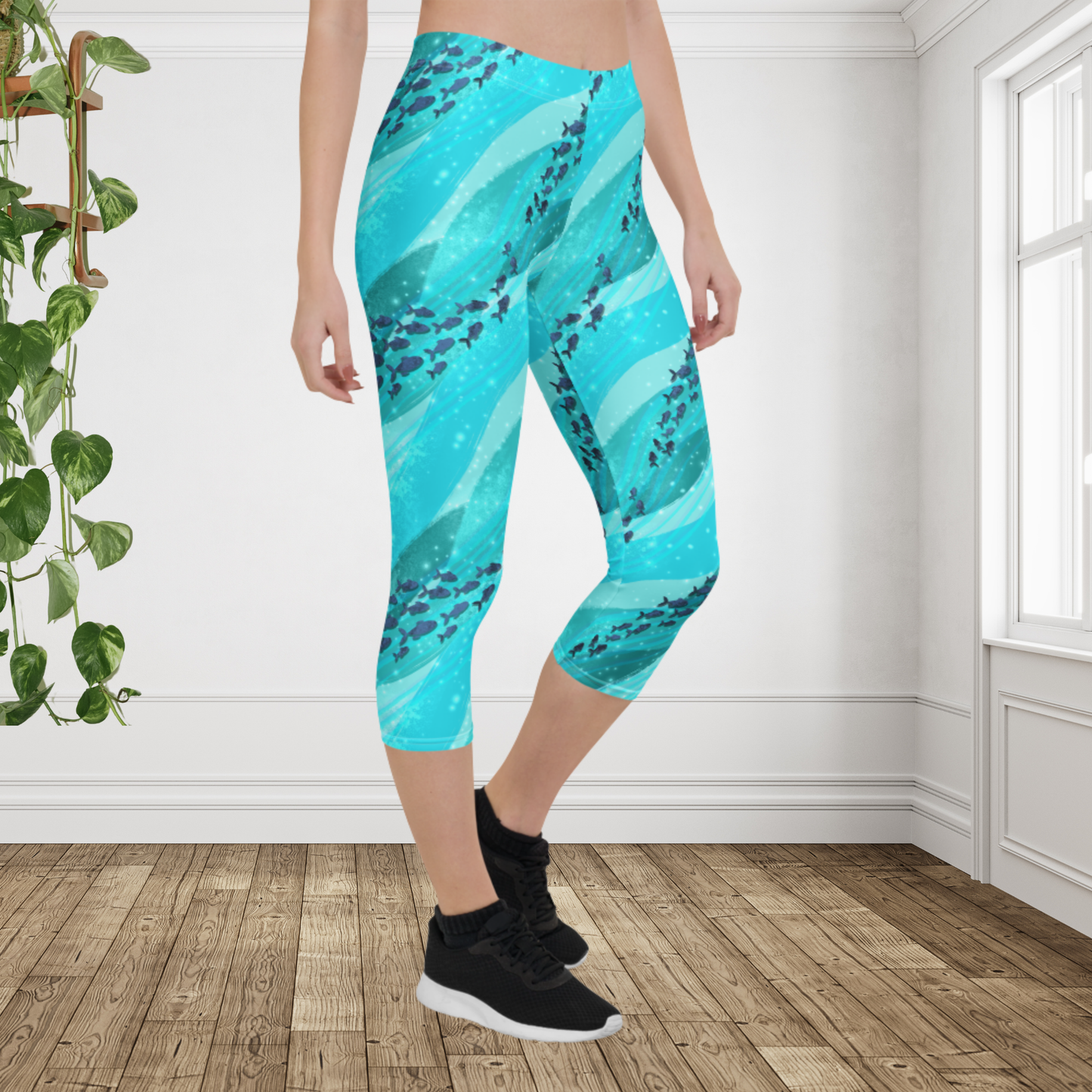 Ocean Fish Print Capri Leggings | Coastal Beach Workout Activewear