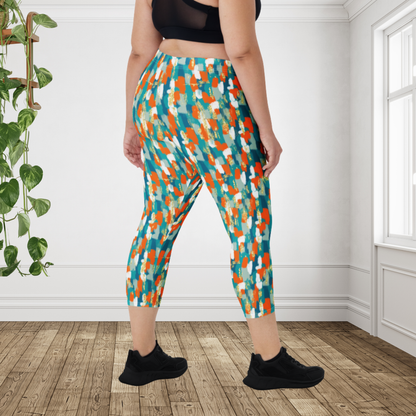 Miami Inspired Abstract Capri Leggings | Coastal Aqua Orange Athletic Capris