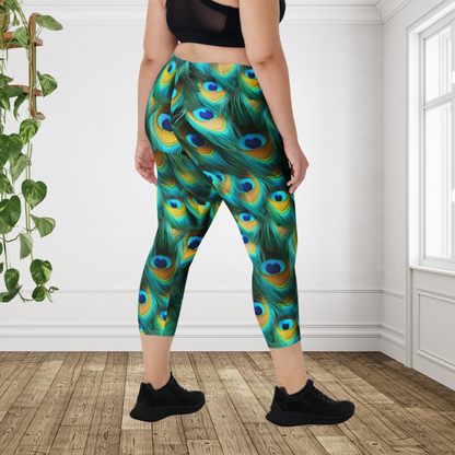 Peacock Feather Capri Leggings | Boho Tropical Yoga Pants | Colorful Coastal Athleisure