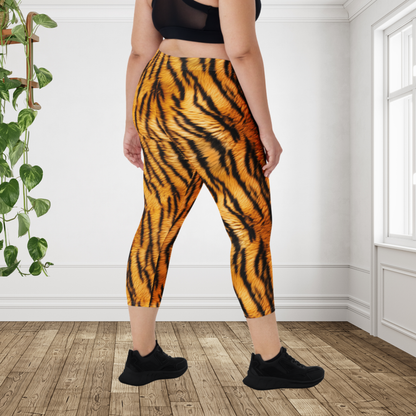 Tiger Print Capri Leggings | Bold Animal Print Yoga Capris | Orange Black Athletic Leggings