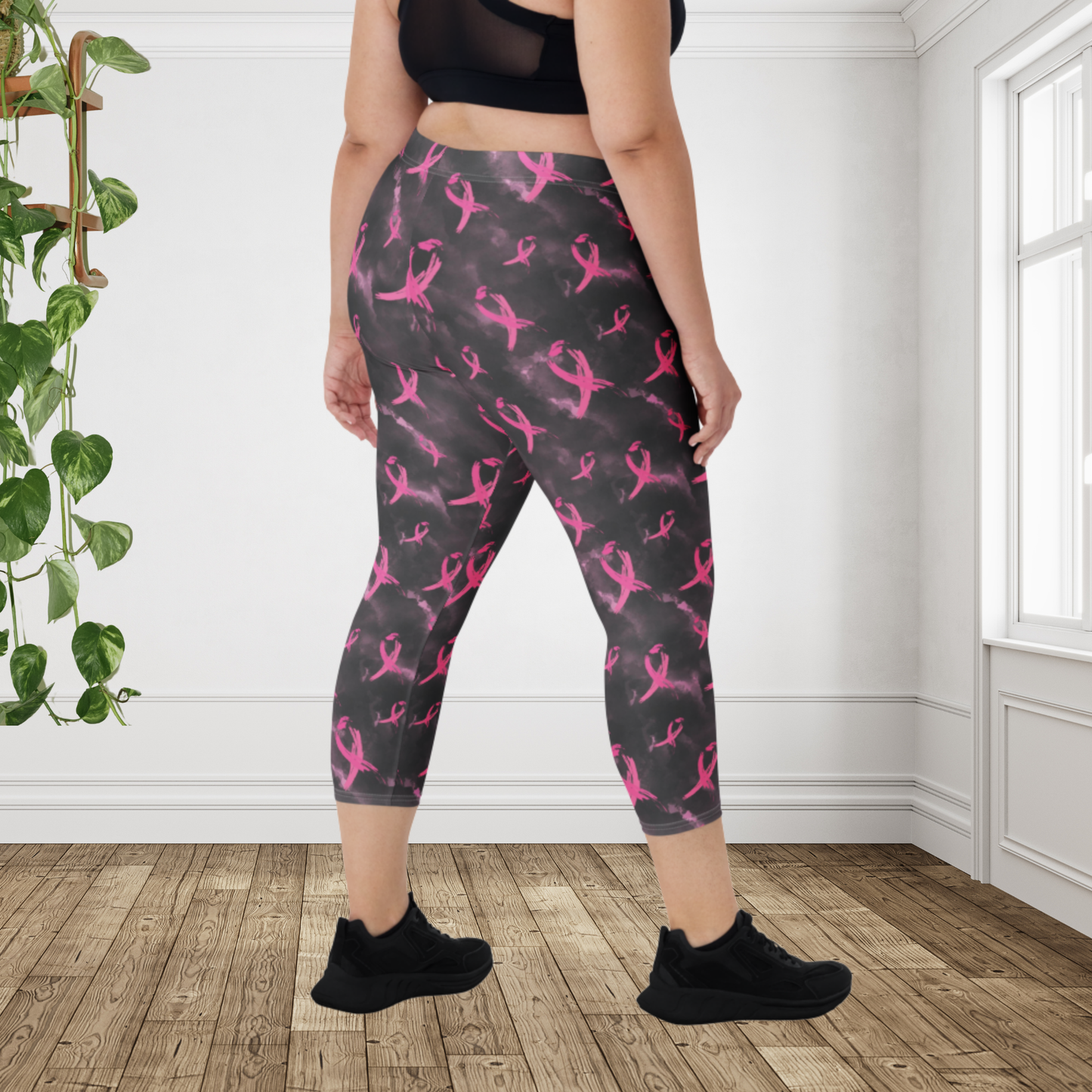 Pink Ribbon Breast Cancer Awareness Capri Leggings | Women's Athletic Workout Leggings