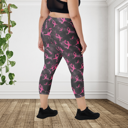 Pink Ribbon Breast Cancer Awareness Capri Leggings | Women's Athletic Workout Leggings