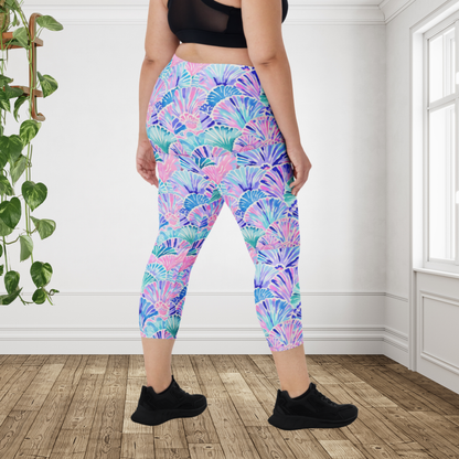 Pastel Seashell Capri Leggings for Women | Coastal Beach Print Cropped Activewear