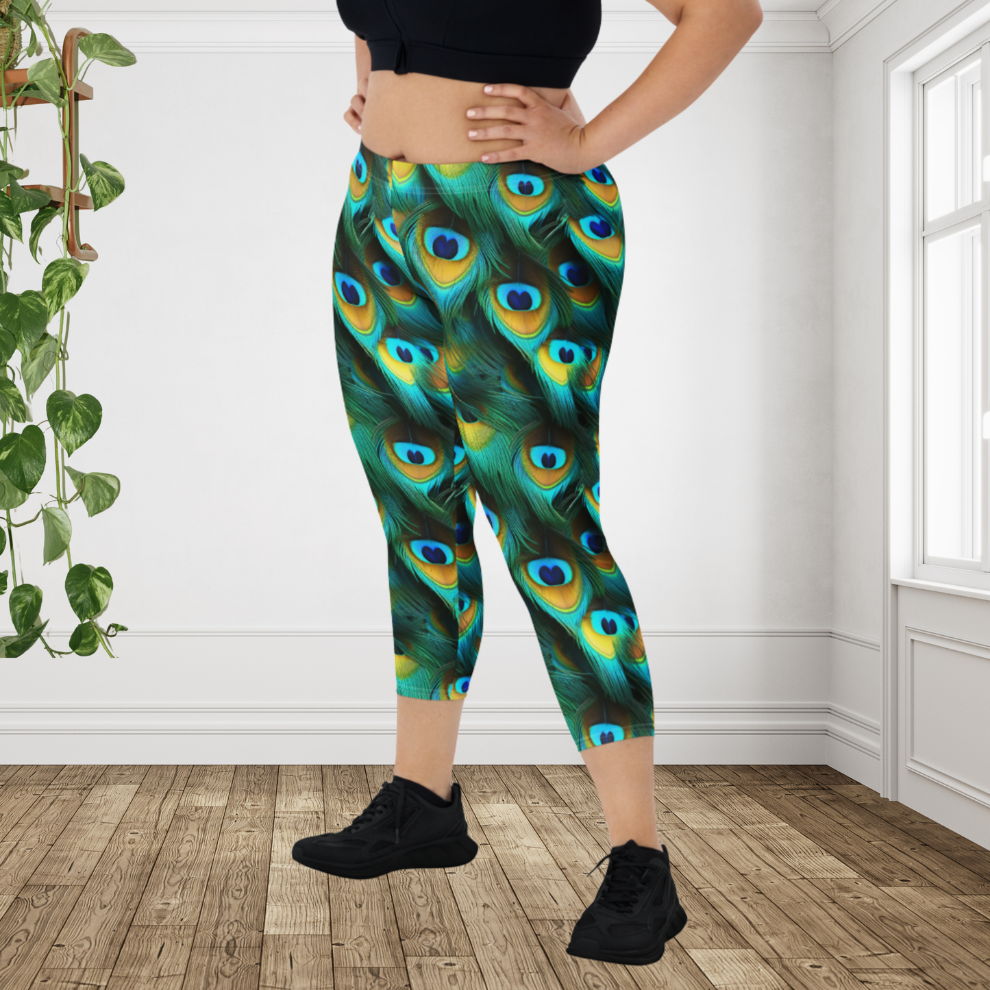 Peacock Feather Capri Leggings | Boho Tropical Yoga Pants | Colorful Coastal Athleisure