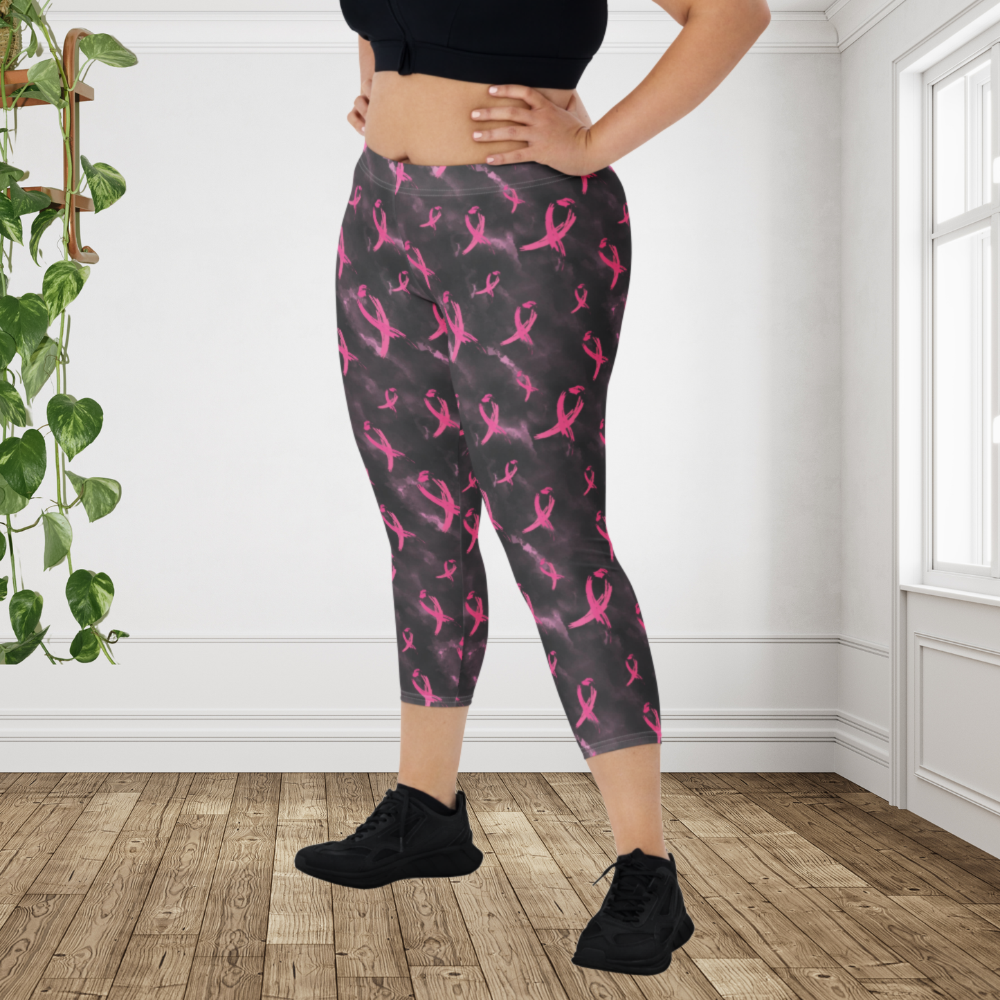 Pink Ribbon Breast Cancer Awareness Capri Leggings | Women's Athletic Workout Leggings