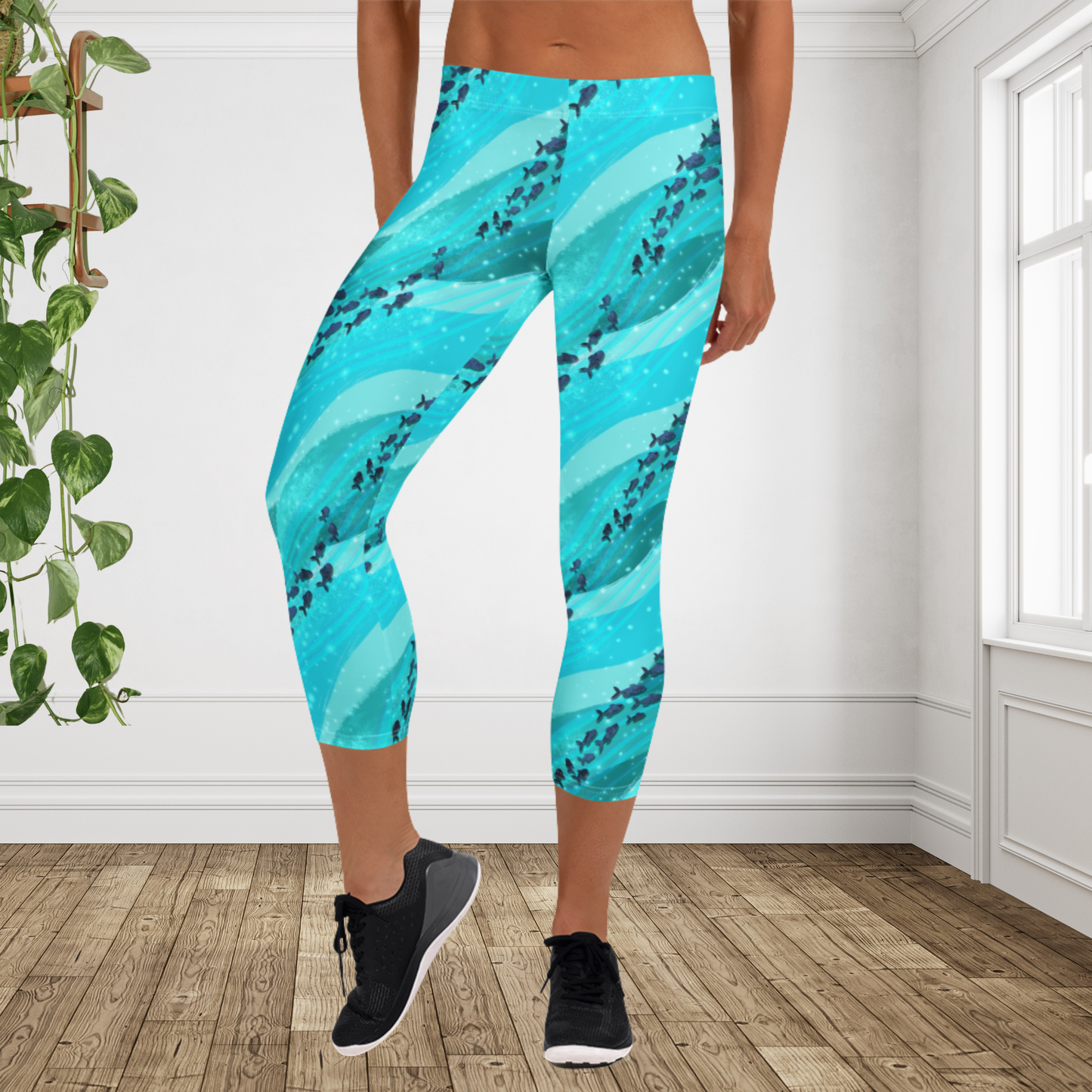 Ocean Fish Print Capri Leggings | Coastal Beach Workout Activewear