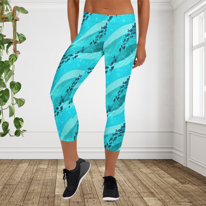 Ocean Fish Print Capri Leggings | Coastal Beach Workout Activewear