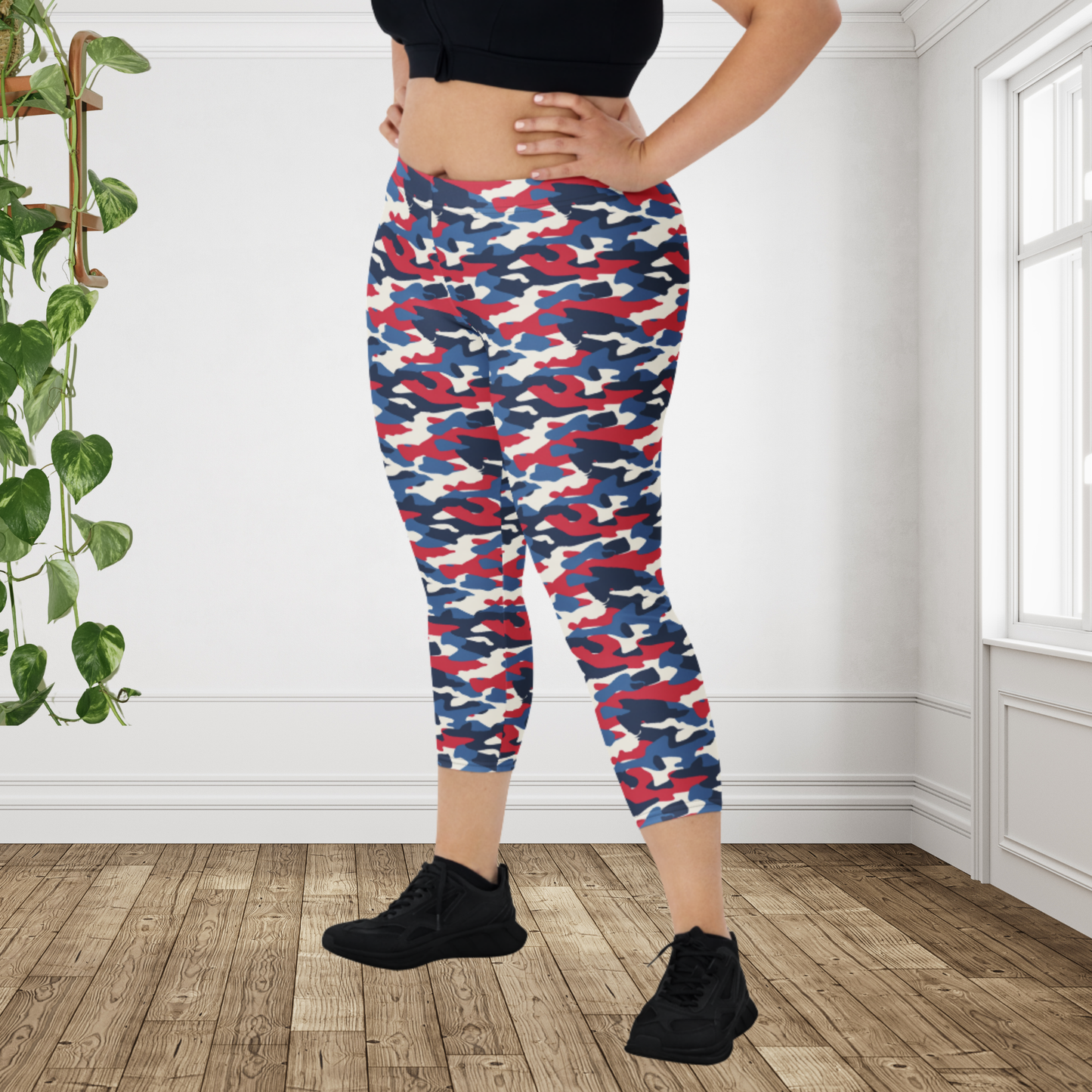 Red White Blue Camo Capri Leggings | USA Patriotic Workout Pants Summer Fitness