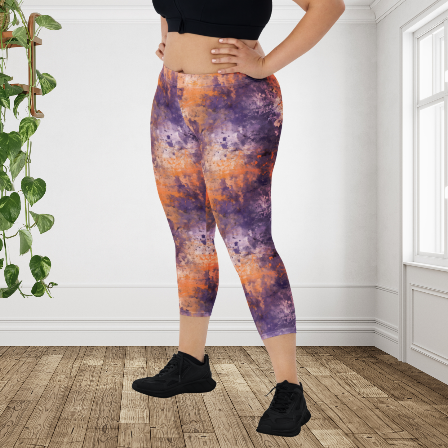 Halloween Capri Leggings for Women | Purple & Orange Watercolor Grunge Leggings | Spooky Fall Fitness Capri Pants