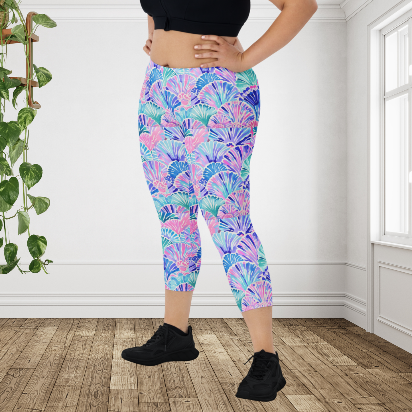Pastel Seashell Capri Leggings for Women | Coastal Beach Print Cropped Activewear