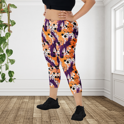 Halloween Capri Leggings for Women | Purple Orange Black Paint Splatter Leggings | Spooky Fall Workout Capri Pants