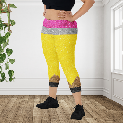 Teacher Pencil Capri Leggings for Women | Glitter Pencil Leggings | Back to School Capri Pants | Teacher Appreciation Gift | Classroom Fashion
