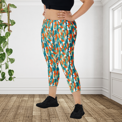 Miami Inspired Abstract Capri Leggings | Coastal Aqua Orange Athletic Capris