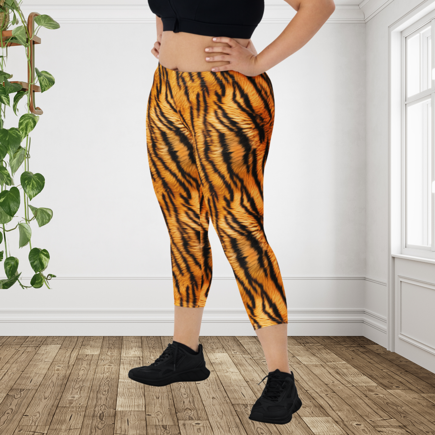 Tiger Print Capri Leggings | Bold Animal Print Yoga Capris | Orange Black Athletic Leggings