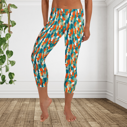 Miami Inspired Abstract Capri Leggings | Coastal Aqua Orange Athletic Capris