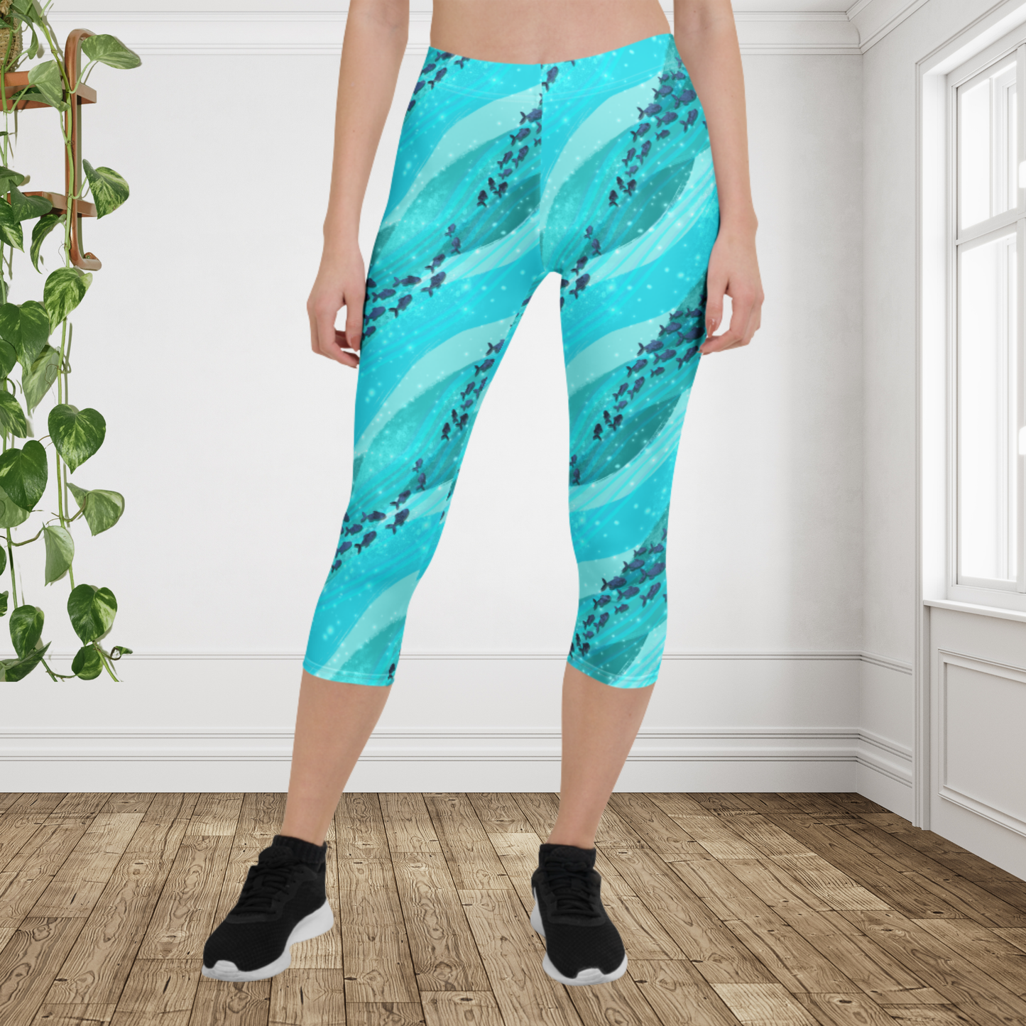 Ocean Fish Print Capri Leggings | Coastal Beach Workout Activewear
