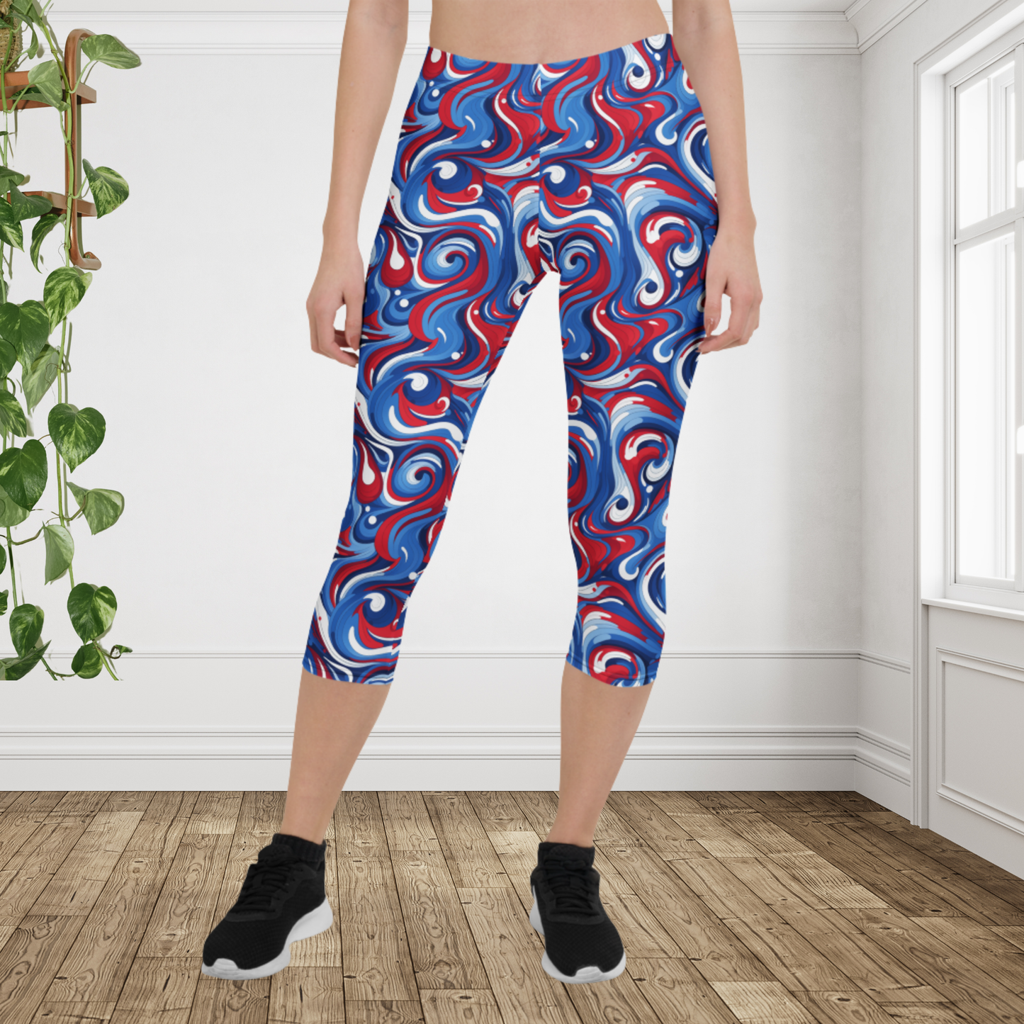 Patriotic Swirl Capri Leggings | Red White Blue USA Workout Pants
