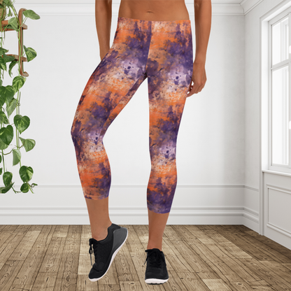 Halloween Capri Leggings for Women | Purple & Orange Watercolor Grunge Leggings | Spooky Fall Fitness Capri Pants