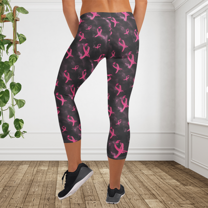 Pink Ribbon Breast Cancer Awareness Capri Leggings | Women's Athletic Workout Leggings