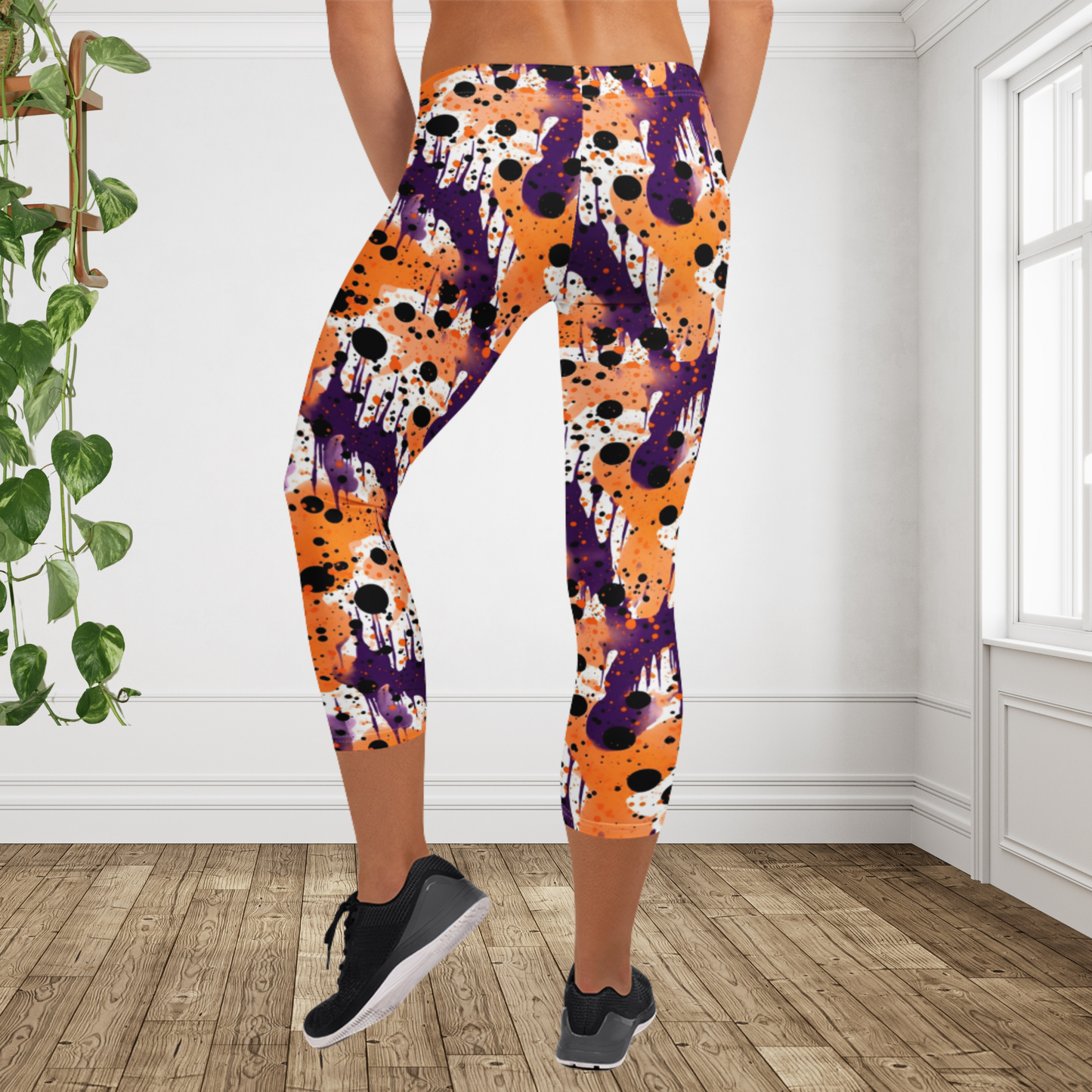 Halloween Capri Leggings for Women | Purple Orange Black Paint Splatter Leggings | Spooky Fall Workout Capri Pants
