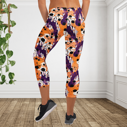 Halloween Capri Leggings for Women | Purple Orange Black Paint Splatter Leggings | Spooky Fall Workout Capri Pants