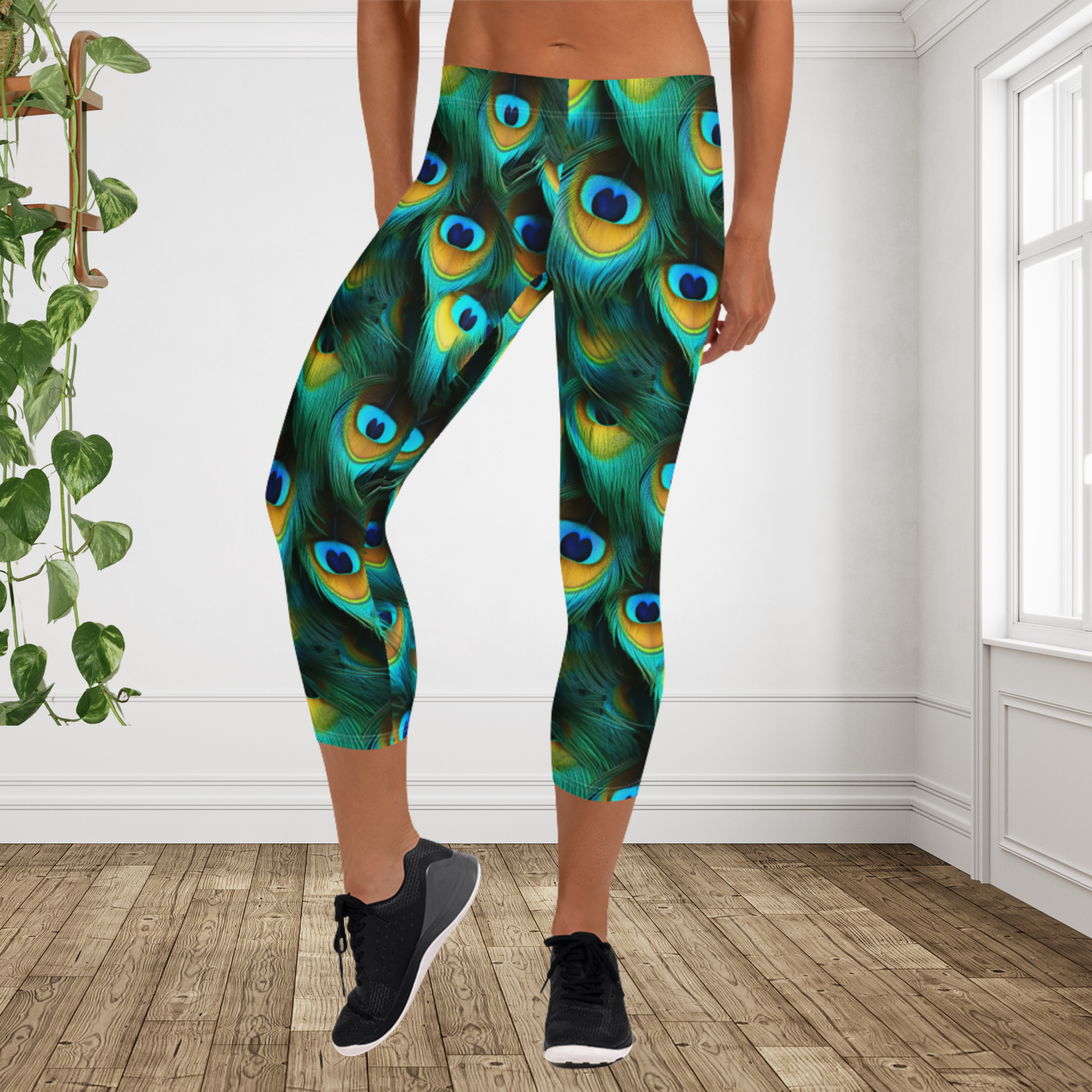 Peacock Feather Capri Leggings | Boho Tropical Yoga Pants | Colorful Coastal Athleisure