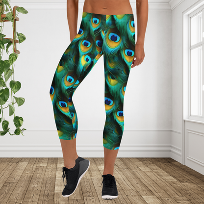 Peacock Feather Capri Leggings | Boho Tropical Yoga Pants | Colorful Coastal Athleisure